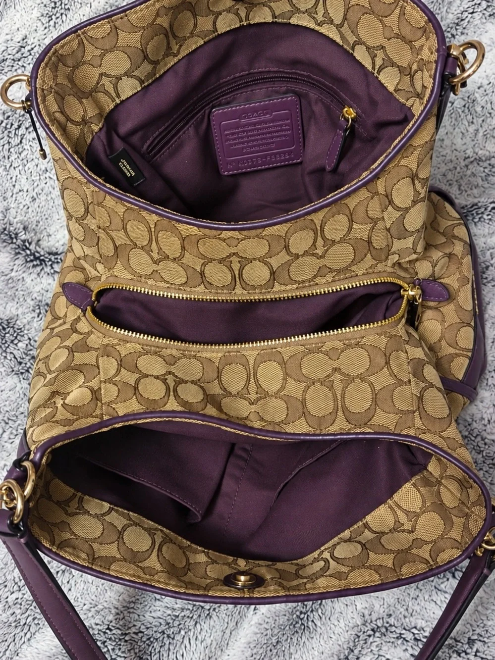 Coach Tan Signature Canvas Shoulder Bag with Purple Leather Trim